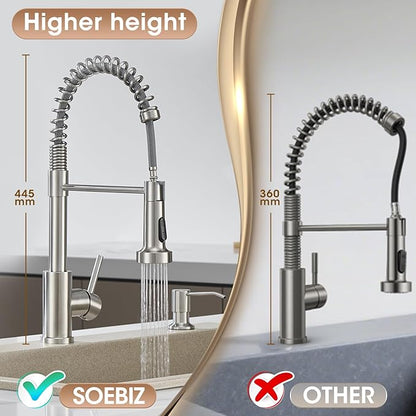 Faucets for Kitchen Sink with Sprayer, Brushed Nickel High Arc Single Handle Spring Stainless Steel Kitchen Sink Faucet with Soap Dispenser, Utility Ideal for RV Laundry Commercial & Camper