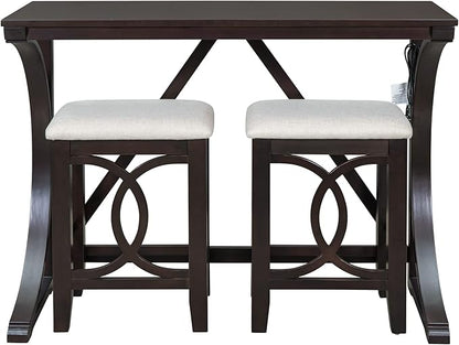 VilroCaz Farmhouse 3-Piece Counter Height Dining Table Set with USB Port and 2 Upholstered Stools, Rustic Dining Set Bar Set for Dining Room Kitchen (Espresso-R)