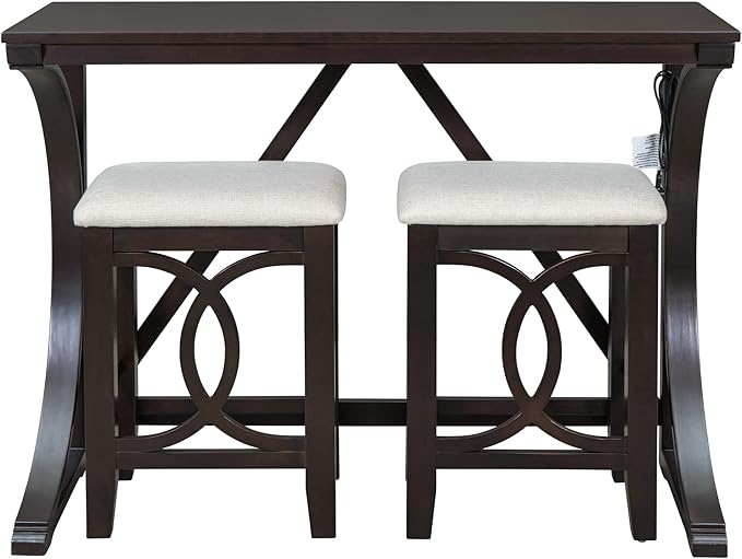 Rustic Dining Table Set, Farmhouse 3-Piece Counter Height Dining Table Set with USB Port and Upholstered Stools for Small Places (Espresso/Farmhouse-A)