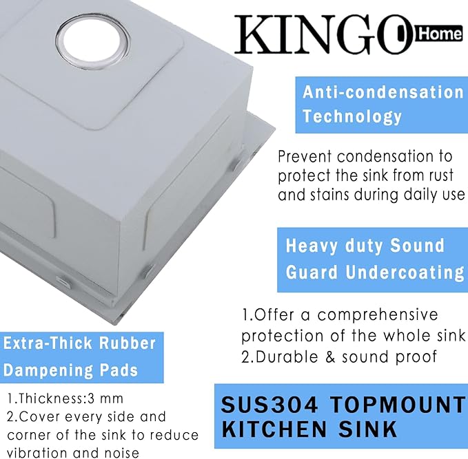 KINGO HOME 18" Drop in Workstation Bar Sink, 18" x 18" x 9" Single Bowl Small Kitchen Camper Sink,304 Stainless Steel Topmount Outdoor Wet Bar Sinks Prep Sinks