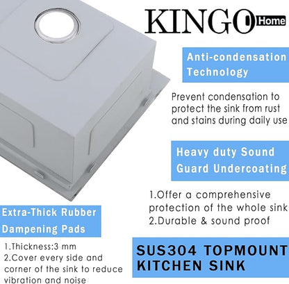 KINGO HOME 18" Drop in Workstation Bar Sink, 18" x 18" x 9" Single Bowl Small Kitchen Camper Sink,304 Stainless Steel Topmount Outdoor Wet Bar Sinks Prep Sinks