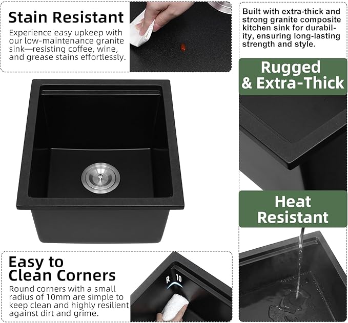 Davivy 15 x 17 x 10 Inch Black Granite Composite Bar Sink Workstation,15 inch Dual-Mount Bar Prep Sink, Small Single Bowl Design with Accessories