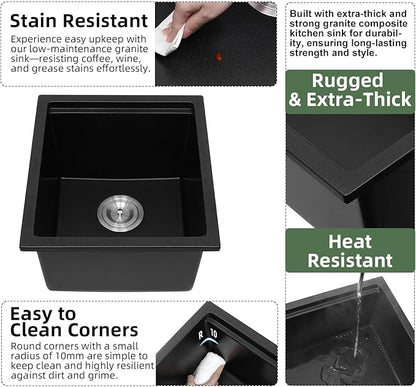 Davivy 15 x 17 x 10 Inch Black Granite Composite Bar Sink Workstation,15 inch Dual-Mount Bar Prep Sink, Small Single Bowl Design with Accessories