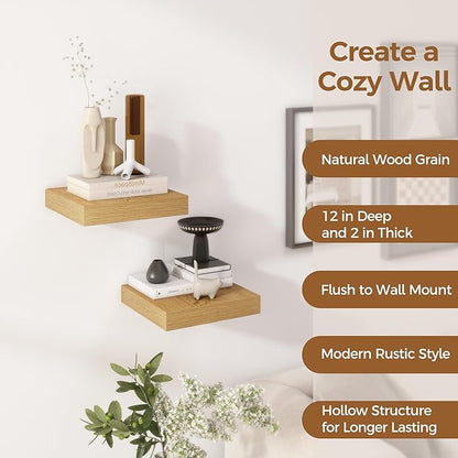 Fun Memories 12 Inch Floating Shelf, Rustic Wood Wall Shelves for Wall Decor & Storage, 12 x 12 Floating Shelf for Living Room, Bathroom, Bedroom, Oak, Set of 2