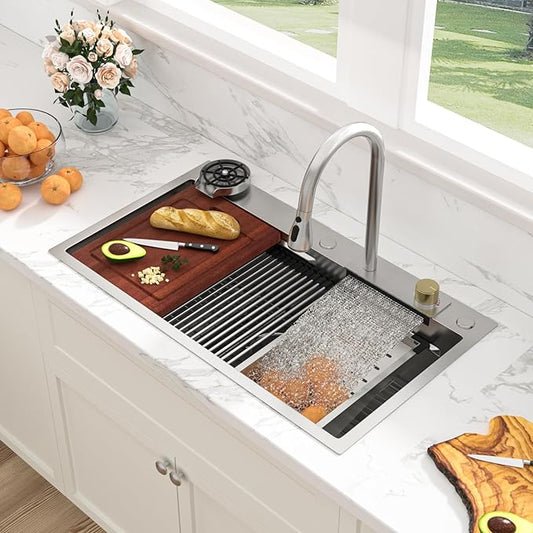 Sarlai Waterfall Kitchen Sink - 30 Inch Drop In Waterfall Workstation Kitchen Sink Stainless Steel 16 Gauge Topmount Single Bowl Multifunctional Top Mount Sinks with Faucet Combo 30x19x9