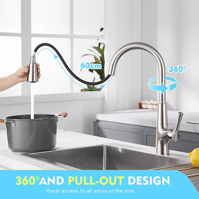 CREA Touchless Sensor Kitchen Faucet with Pull Down Sprayer, Brushed Stainless Steel Kitchen Sink Faucet, 360° Swivel Single Handle with Deck Plate for 1 or 3 Holes