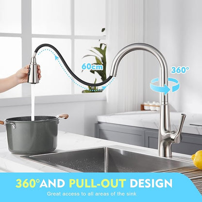 CREA Touchless Sensor Kitchen Faucet with Pull Down Sprayer, Brushed Stainless Steel Kitchen Sink Faucet, 360° Swivel Single Handle with Deck Plate for 1 or 3 Holes