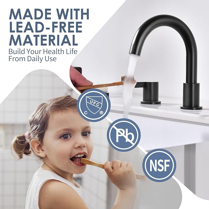 Two Handle 8inch Widespread Bathroom Faucet 3 Holes, Bathroom Sink Faucet with Metal Pop up Drain Assembly and cUPC Water Supply Lines, Black