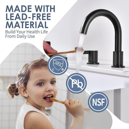 Two Handle 8inch Widespread Bathroom Faucet 3 Holes, Bathroom Sink Faucet with Metal Pop up Drain Assembly and cUPC Water Supply Lines, Black
