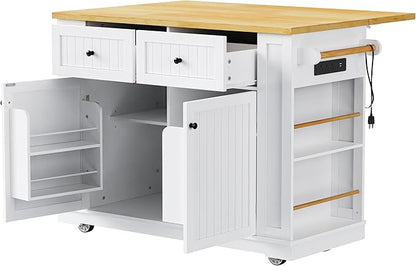 Ball & Cast Kitchen Island with 2 Bar Stools and Power Outlet,Rolling Kitchen Cart on 5 Wheels W/Drop Leaf&5 Open Side Racks,Kitchen Storage Cart W/Adjustable Shelf,for Kitchen,Dining Room,White,48"