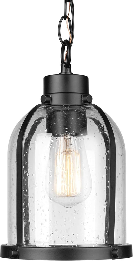 Globe Electric 44627 1-Light Outdoor Pendant, Matte Black, Clear Seeded Glass Shade, Bulb Included