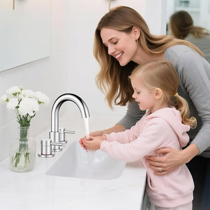Bathroom Faucet 3 Hole, Chrome Bathroom Sink Faucet with Pop Up Drain, 8 inch Widespread Bathroom Faucet with 360° Swivel Spout, 2 Handle Vanity Faucet with Water Supply Hoses