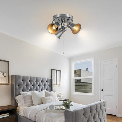 SEEBLEN 3-Light Ceiling Lights with Pull Chain, Adjustable Round Kitchen Ceiling Light, Morden Nickel Flush Mount Directional Track Light for Kitchen, Hallway, Dining Room, Bathroom, Coffee Bar