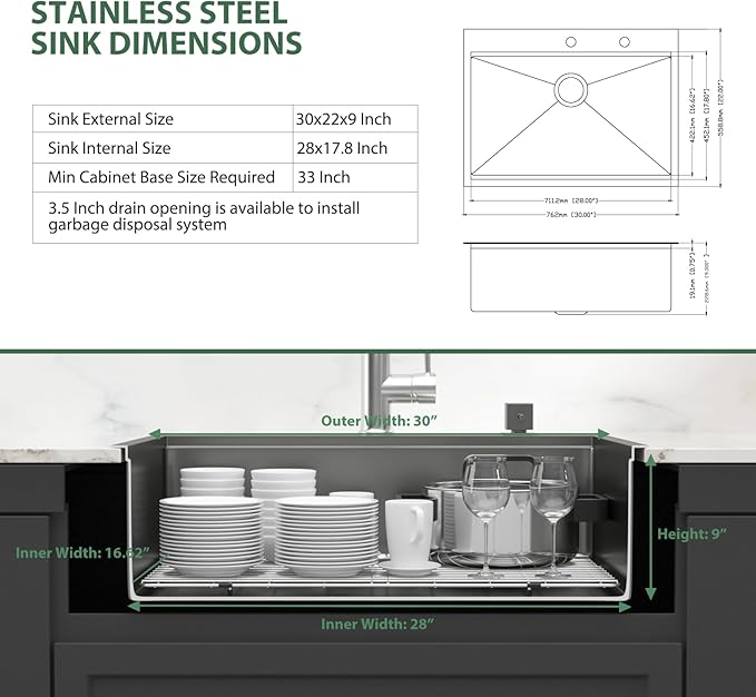 30x22 Black Drop In Kitchen Sink Workstation 16 Gauge Stainless Steel Single Bowl Drop Kitchen Sinks Nano PVD Gunmetal Black Handmade Large Deep Topmount Sinks, 30x22x9 Inch