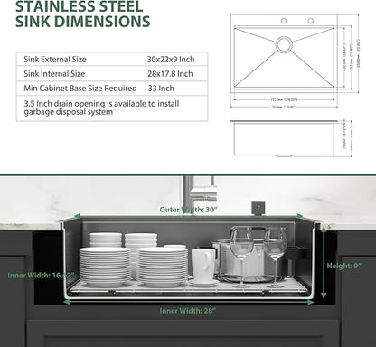 30x22 Black Drop In Kitchen Sink Workstation 16 Gauge Stainless Steel Single Bowl Drop Kitchen Sinks Nano PVD Gunmetal Black Handmade Large Deep Topmount Sinks, 30x22x9 Inch