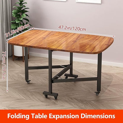 Folding Dining Room Table for 4/8 with 47.2in Extra Wide Space Saving Drop Leaf Table with Lockable Wheels, Heavy Duty Eco Solid Wood Top 220lb, Solid Wooden Foldable Kitchen Table, Easy Assembly(Waln