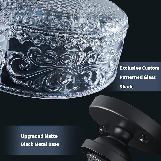 Daunton Small Semi Flush Mount Ceiling Light Fixture, Vintage Matte Black Close to Ceiling Lighting with Etched Glass Shade for Hallway, Kitchen, Entryway (Retro Design, Easy Install)