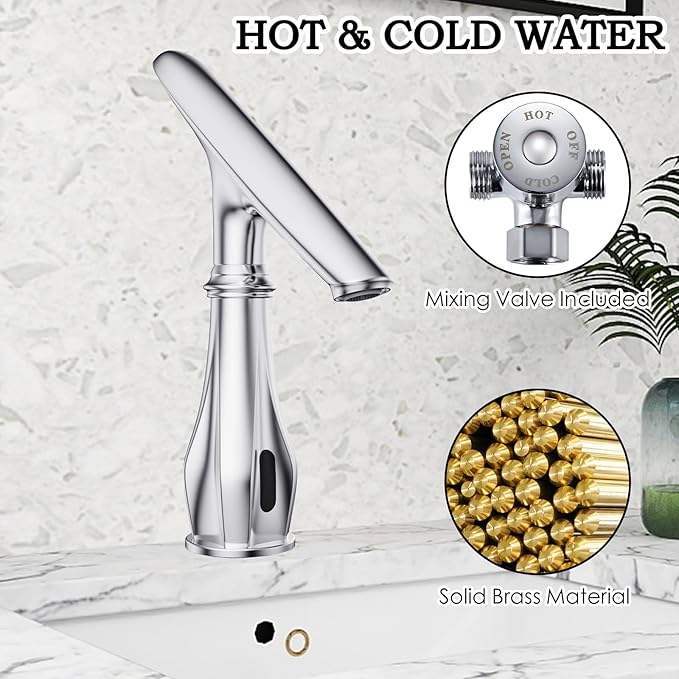 Touchless Bathroom Faucet, Automatic Motion Sensor Chrome Faucet for Bathroom Sink 1 Hole with Cover Plate, Mixing Valve, Battery Operated for Commercial Lavatory, Home Restroom