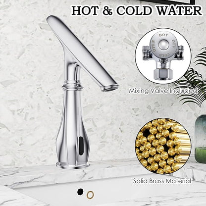 Touchless Bathroom Faucet, Automatic Motion Sensor Chrome Faucet for Bathroom Sink 1 Hole with Cover Plate, Mixing Valve, Battery Operated for Commercial Lavatory, Home Restroom