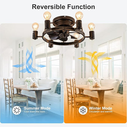 Garwarm Ceiling Fans with Lights and Remote, 20 Inch Low Profile Flush Mount Ceiling Fan with Light, Farmhouse Rustic Industrial Fan Lights Ceiling Fixtures for Bedroom,Kitchen(6 Speed,Timing)-Bronze