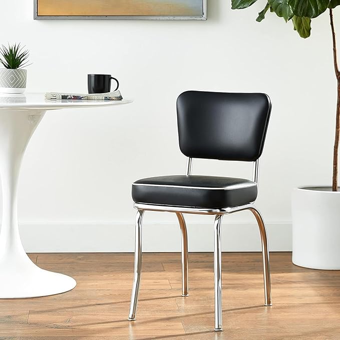 HomeStock Diner Chair - Vinyl Seat, Chrome Frame - Fully Assembled Bistro Kitchen Chair Black