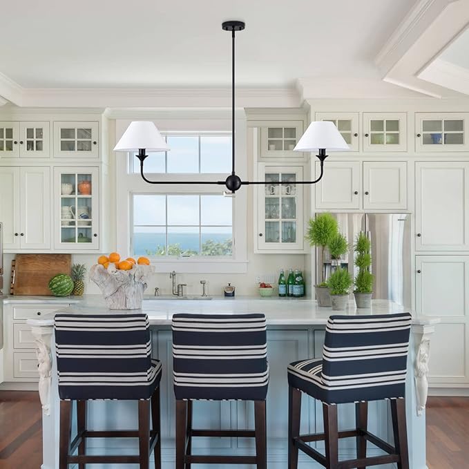 Modern Linear Chandelier, 2-Light Linear Kitchen Island Lighting Fixture with Off-White Fabric Shade, Rustic Pendant Light for Dining Room Bedroom