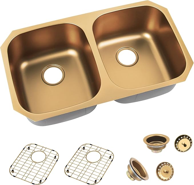 LQS Brushed Gold Kitchen Sink, 32 Inch Undermount Kitchen Sink Gold, Double Kitchen Sink Stainless Steel with Two Sink Strainers and Two Sink Grids