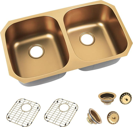 LQS Brushed Gold Kitchen Sink, 32 Inch Undermount Kitchen Sink Gold, Double Kitchen Sink Stainless Steel with Two Sink Strainers and Two Sink Grids