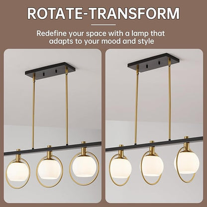WJShome Black and Gold Farmhouse Chandelier, Dining Room Light Fixture Over Table, 5-Light Kitchen Island Lighting, Adjustable Height Linear Chandeliers, with Milk Glass Shades