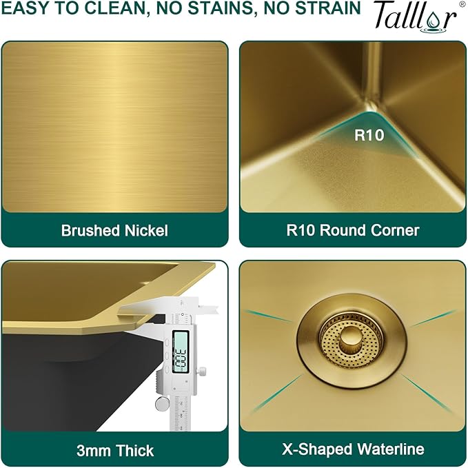 32 Gold Undermount Kitchen Sink - Workstation All-In One 32x19 Gold 16 Gauge Stainless Steel Under Counter Single Bowl Sink for Kitchen with Mixing Board and Pasta Strainer #TLU-0049