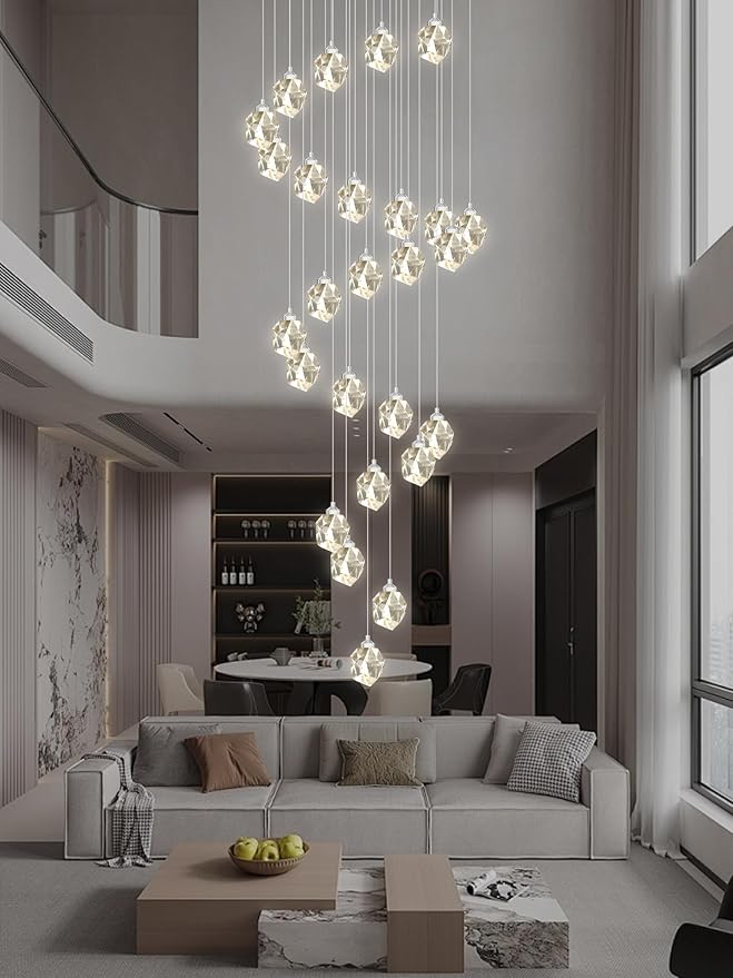 Large Crystal Chandeliers for High Ceiling 135 inches Long Staircase Entrance Chandelier for Foyer Dimmable LED Ceiling Chandelier 26 Light Silver