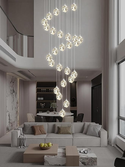 Large Crystal Chandeliers for High Ceiling 135 inches Long Staircase Entrance Chandelier for Foyer Dimmable LED Ceiling Chandelier 26 Light Silver