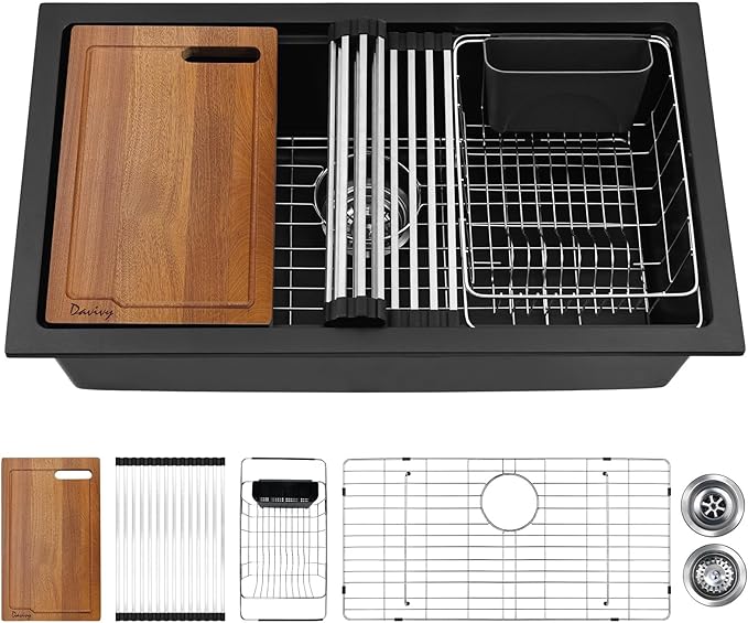 Davivy 30 Inch Black Granite Sink Workstation, 30 x 18 Black Undermount/Drop In Kitchen Sink, Deep Quartz Composite Single Bowl with Accessories
