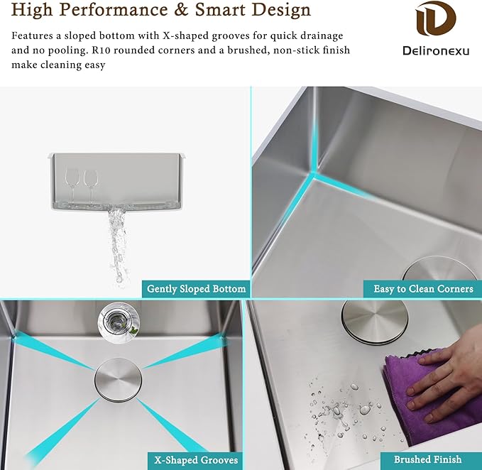 15 Inch Undermount Bar Sink, Delironexu 18 Gauge 304 Stainless Steel Small Bar Sink, 15" x 17" x 7" Prep/RV/Wet Sink with 3.5" Drain, Drain Assembly & Towel