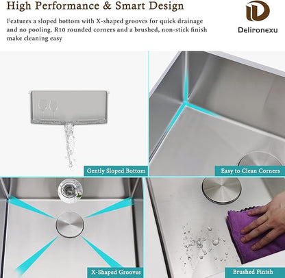 15 Inch Undermount Bar Sink, Delironexu 18 Gauge 304 Stainless Steel Small Bar Sink, 15" x 17" x 7" Prep/RV/Wet Sink with 3.5" Drain, Drain Assembly & Towel