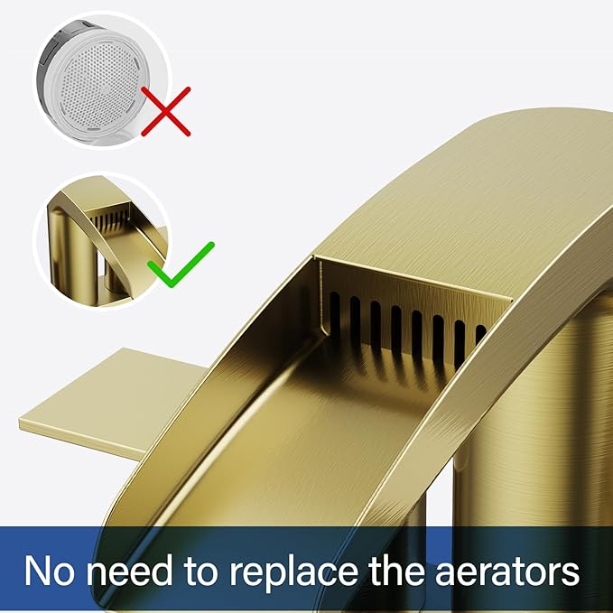 Bathroom Sink Faucet for 3 Hole, Hurran 4 Inch Faucets with Pop-up Drain, Stainless Steel 2-Handle Waterfall Faucet for Bathroom Sink, Brushed Gold