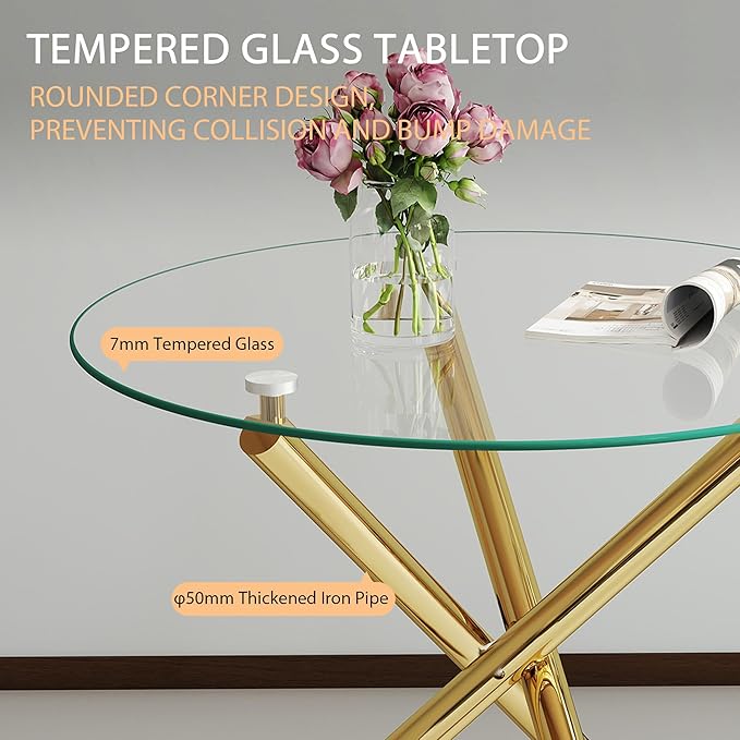 Glass Dining Table,36'' Round Dining Kitchen Table,Modern X-Design Dining Room Table with Gold Metal Base for Dining Room