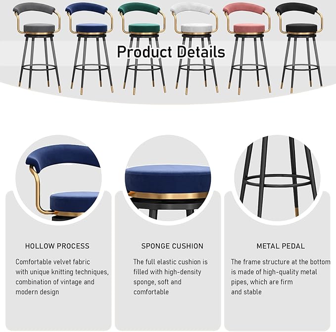Swivel stools 1PC, Velvet Upholstered Stools with Hollow Back, Metal Chair Legs & Footrest for Kitchen Island Dining Room Pub Home, Seat Height 65cm, Black (Blue Seat Height 65cm)