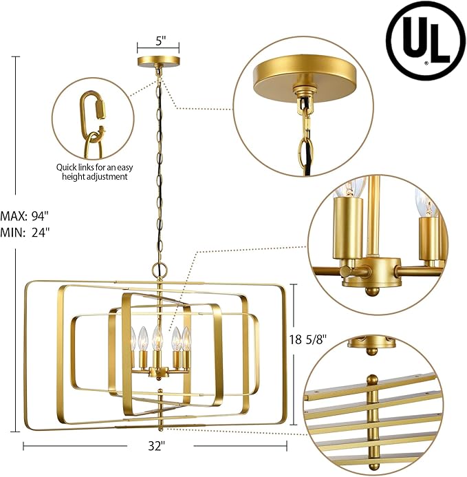 Untrammelife 32" 5-Light Gold Chandelier - Contemporary Rectangle Pendant for Dining Room, Kitchen Island & Foyer, Modern Farmhouse Ceiling Lighting