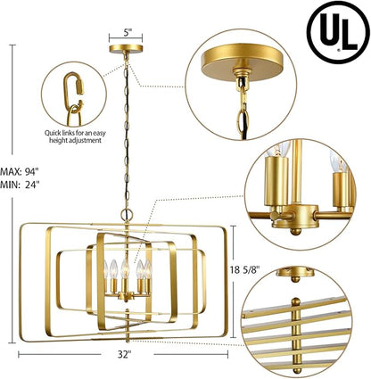 Untrammelife 32" 5-Light Gold Chandelier - Contemporary Rectangle Pendant for Dining Room, Kitchen Island & Foyer, Modern Farmhouse Ceiling Lighting