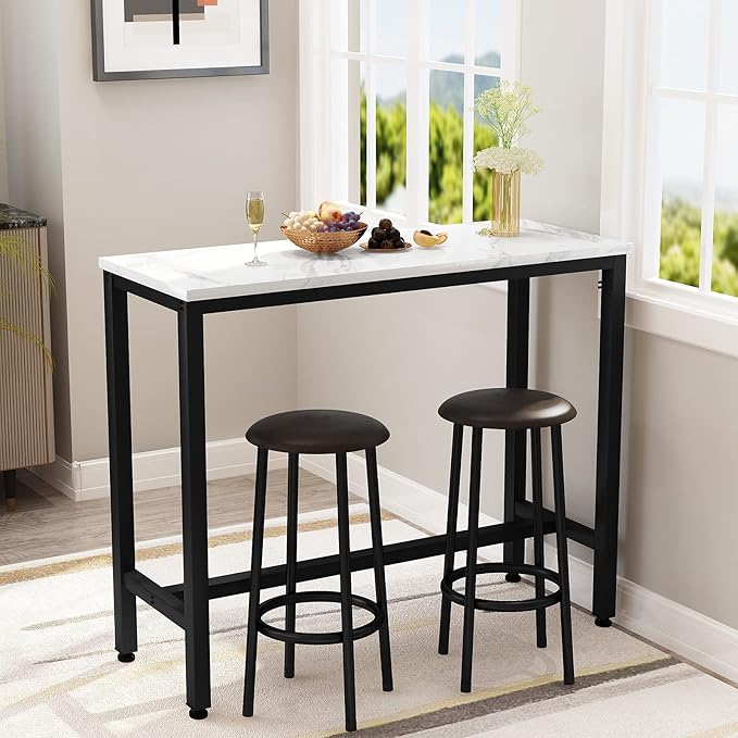 AWQM 47.2" Bar Table Set of 2,Faux Marble Pub Height Table and Chairs Set of 2 with Upholstered Stools,3 Piece Bar Table and Chairs Set Dining Table Set for Living Room,Kitchen,Bar,White & Brown