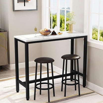 AWQM 47.2" Bar Table Set of 2,Faux Marble Pub Height Table and Chairs Set of 2 with Upholstered Stools,3 Piece Bar Table and Chairs Set Dining Table Set for Living Room,Kitchen,Bar,White & Brown