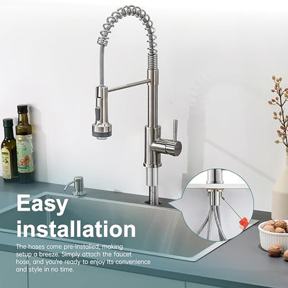 GIMILI Kitchen Faucet with Soap Dispenser Single Hole Pull Down Sprayer LED Faucet, Suitable for Farmhouses, RV, Laundry Room, Outdoor, and Campers. Llave para fregadero de cocina Brushed Nickel