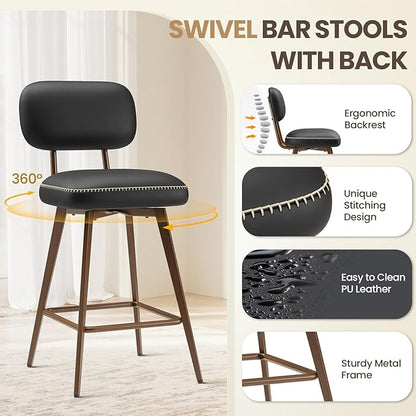 MALOL 26“ Swivel Bar Stools Set of 3, Mid Century PU Leather Counter Height Bar Chairs with Low Back and Metal Legs, Modern Bar Stool Chair for Kitchen Island, Black