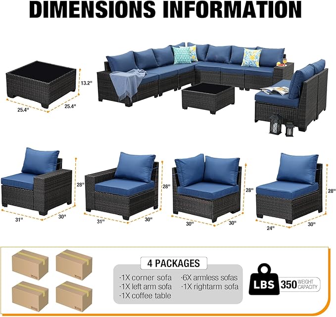 JOYURE 10 Pieces Patio Furniture Set All-Weather Outdoor Wicker Sectional Conversation Sofa Rattan Patio Seating Sofa with Cushion and Glass Table for Porch Poolside,Navy