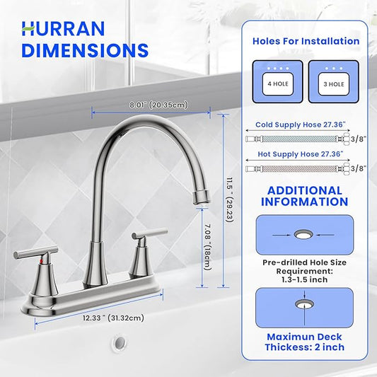 HURRAN 2 Handle Kitchen Sink Faucet, 8 Inch High Arc 360°Swivel Kitchen Sink Faucet, 3 Hole Kitchen Faucet Without Side Sprayer, Centerset RV Kitchen Faucet with Stainless Steel Pipe, Chrome