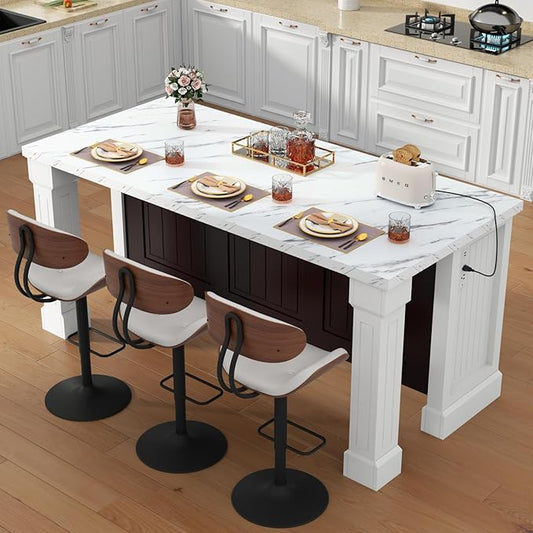 Gyfimoie 71" Large Imitation Marble Dining Table with Roman Column,36" H Island Table with Charging Station,Mordern Kitchen Island,Home Bar Unit for Home Kitchen, Living Room, Balcony, Basement