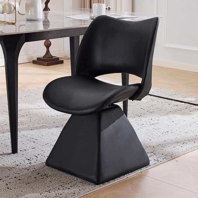 Swivel Dining Chair Upholstered Faux Leather Accent Seat with Curved High Back, Cushioned Foam Padding, Solid Wood and Metal Base, Modern Armless Side Chair for Kitchen Island Vanity Desk (Black)
