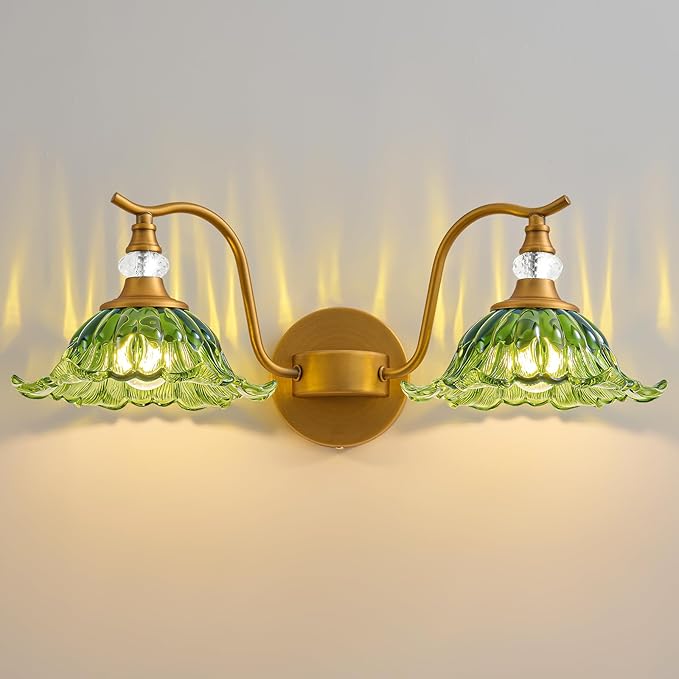 Vintage Bathroom Vanity Light Fixtures - 2 Light Antique Brass Bathroom Lights Fixture Over Mirror with Green Flower Glass,Retro Brushed Gold Bronze Wall-Mounted Vanity Lighting for Powder Room