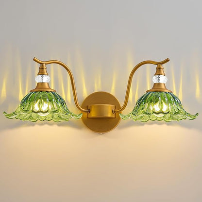 Vintage Bathroom Vanity Light Fixtures - 2 Light Antique Brass Bathroom Lights Fixture Over Mirror with Green Flower Glass,Retro Brushed Gold Bronze Wall-Mounted Vanity Lighting for Powder Room